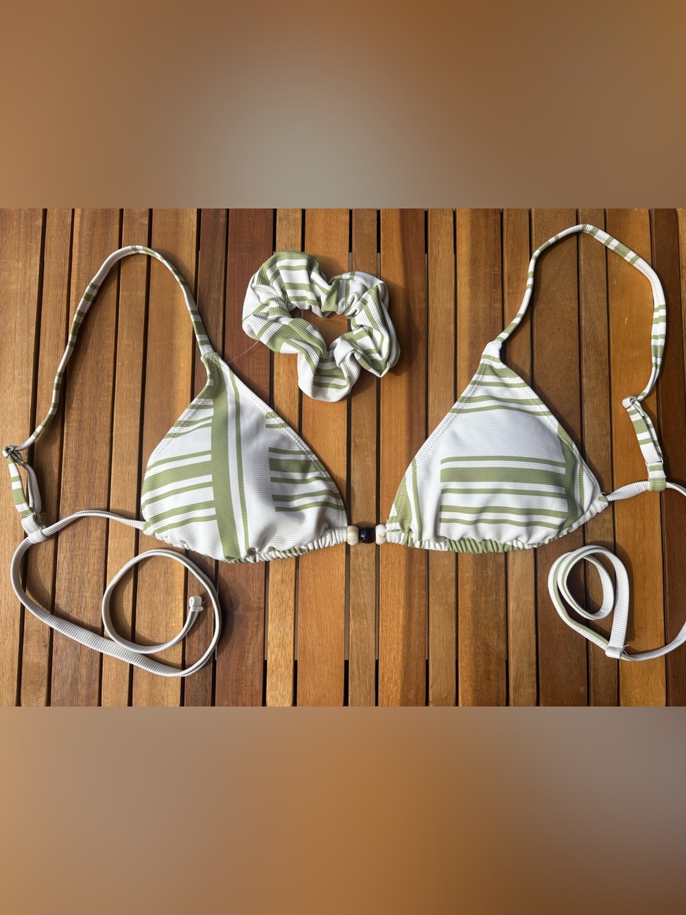 MEDIUM NWT Matcha Bead Bikini & Matching Scrunchie Green White 3 Piece SwimStyle - Picture 2 of 7